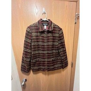 Sag Harbor Plaid Tweed Two Way Zipper Blazer Jacket Maroon Forest Green